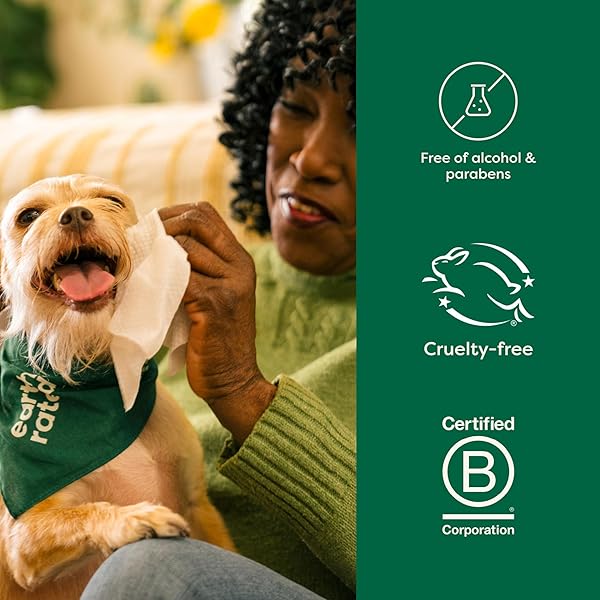 EARTH RATED PET WIPES FOR DOGS AND CATS, HYPOALLERGENIC, CLEANING AND HYDRATING, FOR GROOMING PAWS, BODY AND BUTT, UNSCENTED, 100 COUNT