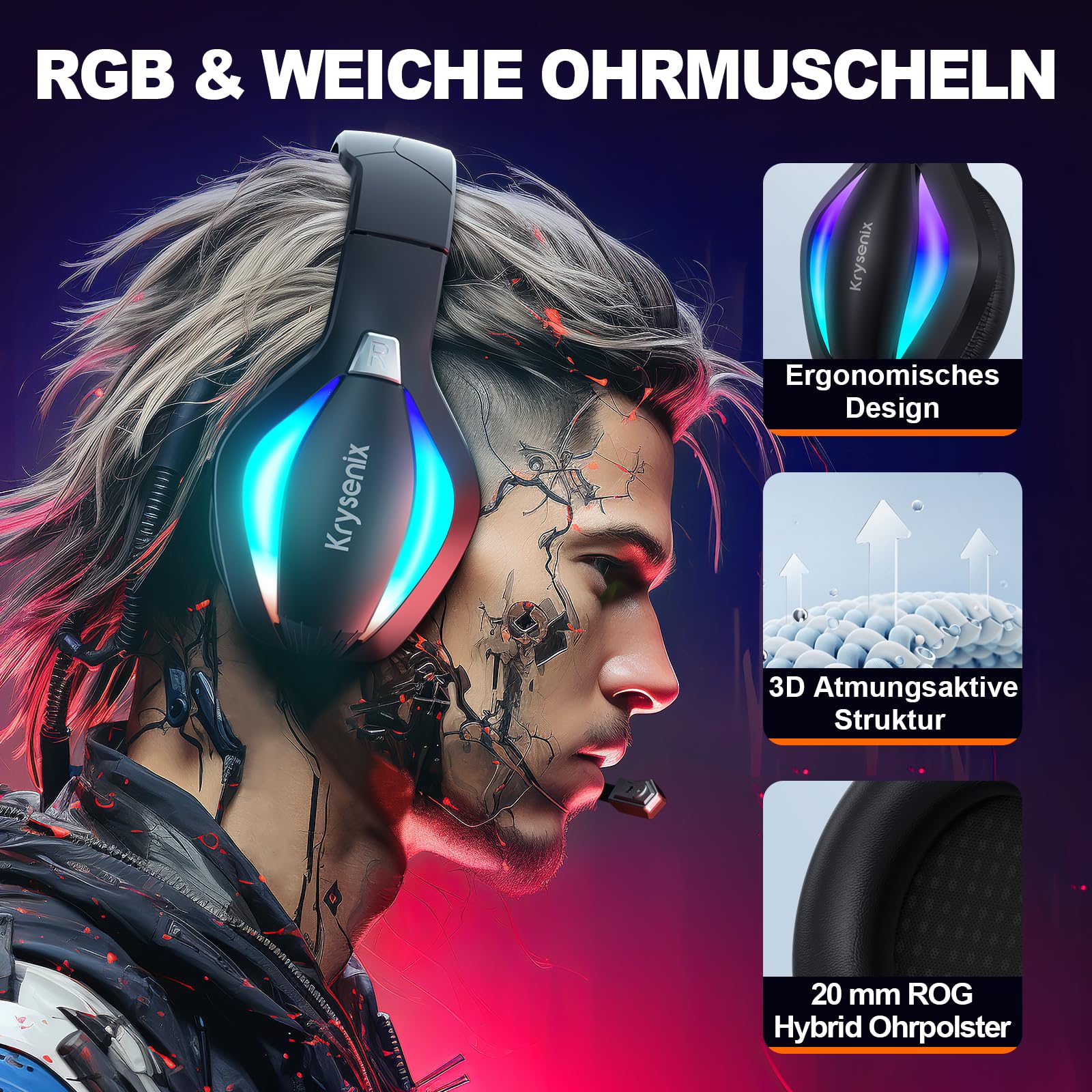 Krysenix PG1 RGB Gaming Headset für PS4, PS5, PC, Nintendo Switch, Xbox, Headset mit Mikrofon, Gaming Kopfhörer mit Mikrofon, Noise Cancelling Kopfhörer mit 3.5mm Klinke Schwarz 2