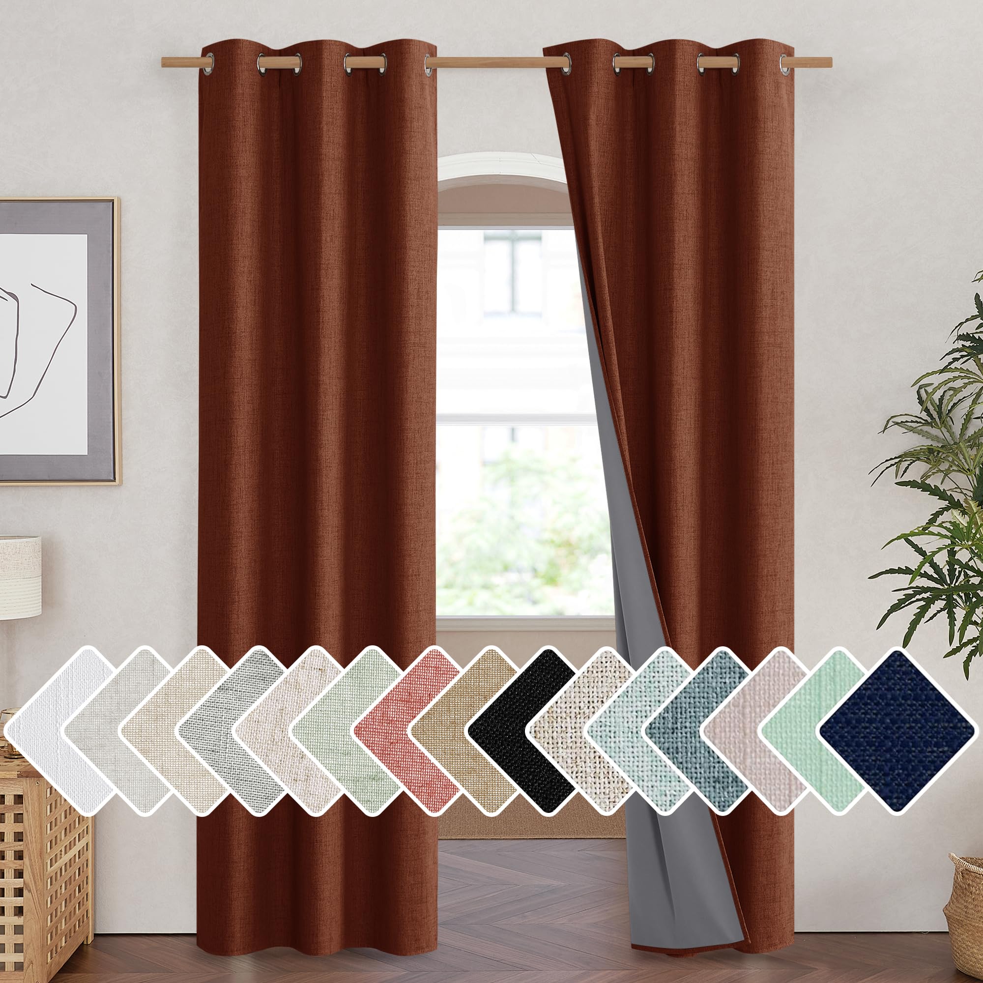 Photo 1 of NICETOWN 100% Absolutely Blackout Linen Curtains with Thermal Insulated Liner, 42" Wide, 2 Panels, 90" Long Drapes, Grommet Retro Burnt Orange Linen Curtains Vertical Drapes Privacy for Bedroom