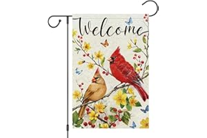 Heyfibro Welcome Spring Garden Flag 12x18 Double Sided Burlap, Red Cardinal Flower Yard Banner for Rustic Seasonal Summer But