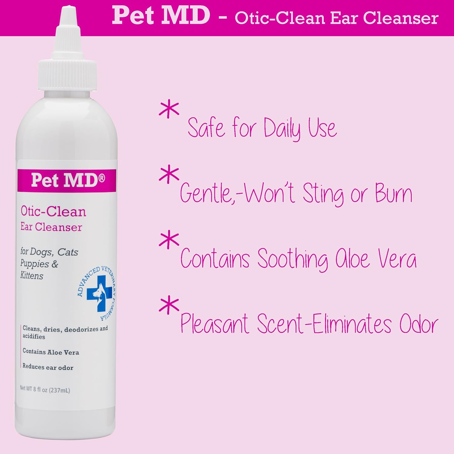Pet MD Otic Clean Dog Ear Cleaner for Cats and Dogs - Effective Against Infections Caused by Mites, Yeast, Itching and Controls Odor - 8 oz : Pet Supplies