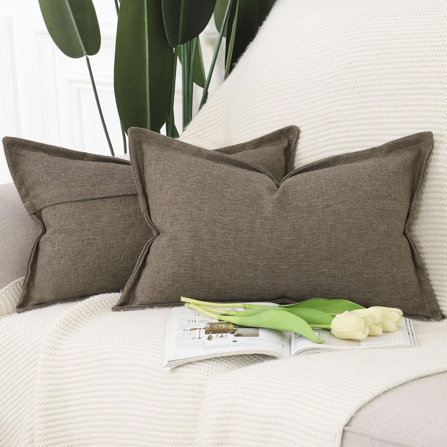 Madizz Set of 2 Faux Linen Cushion Covers with Broad Edge Soft Boho Decorative Pillow Cases for Sofa Bedroom Modern Pillow Shell 12x20 inch, 30x50 cm Brown