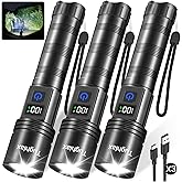 Tughlax 3Pack Rechargeable Flashlights High Lumens, Super Bright Flashlight with LCD Digital Display, 5 Modes Adjustable LED Flashlight Tactical Flashlights High Powered, Flash Lights for Emergency
