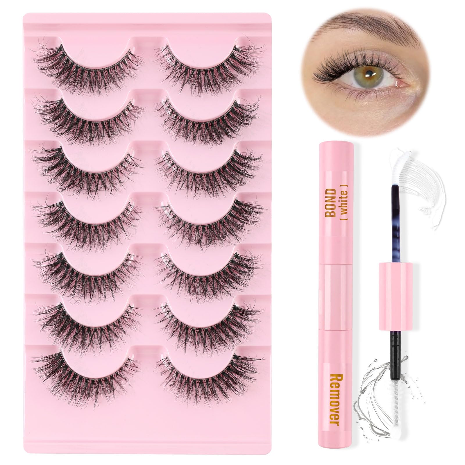 Oreola Fluffy Lashes Kit with False Eyelashes Bond&Remover Cat Eye Lashes Clear Band Fluffy Eyelashes Natural Look Wispy Flutter Lashes D Curl 7 Pairs Fake Lashes Set — image 1