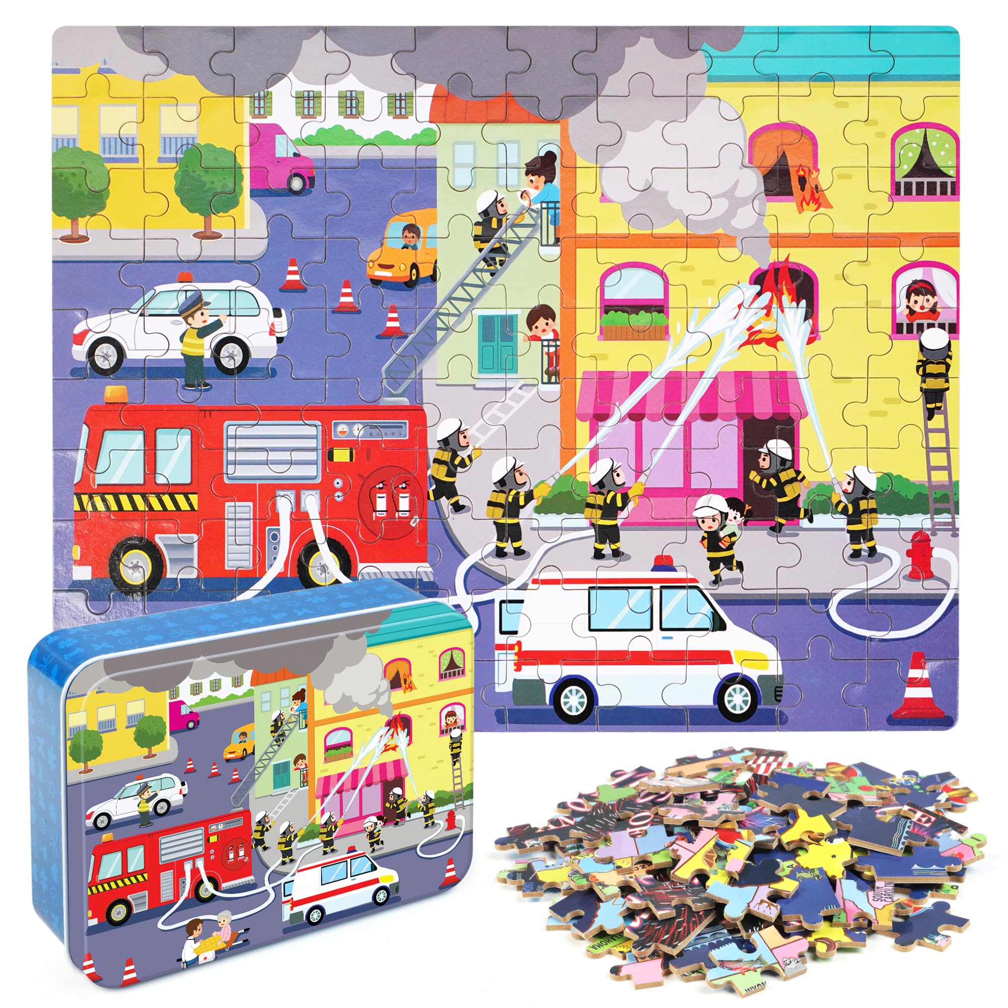 Photo 1 of LELEMON 100 Pieces Jigsaw Puzzles in a Metal Box for Kids Age for 4-8 Boys Girls Toy Puzzles Fire Truck Ambulance Police Car Fireman Children Learning Educational Puzzles Toys