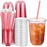 Ziliny 50 Sets Clear Plastic Cups with Heart Shaped Straws and Lids, Disposable Iced Coffee Cups Drinking Pet for Cold Drinks, Valentine's Galentine's Day Bridal Baby Showers Party (16 oz,Pink)