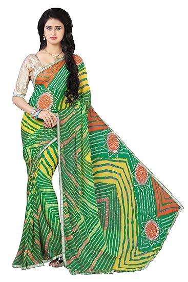 Womens Green N Multicolor Bandhani Printed Chiffon Saree (5182_Green,Multicolor)