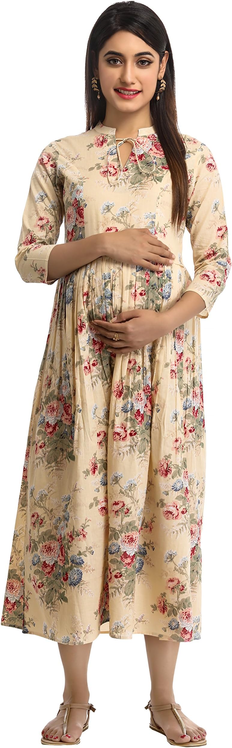 ANAYNA Women's Cotton Floral Printed Long Maternity Dress/Easy Breast Feeding/Breastfeeding Kurti/Ethnic Dress with Zippers for Nursing Pre and Post Pregnancy (Beige)