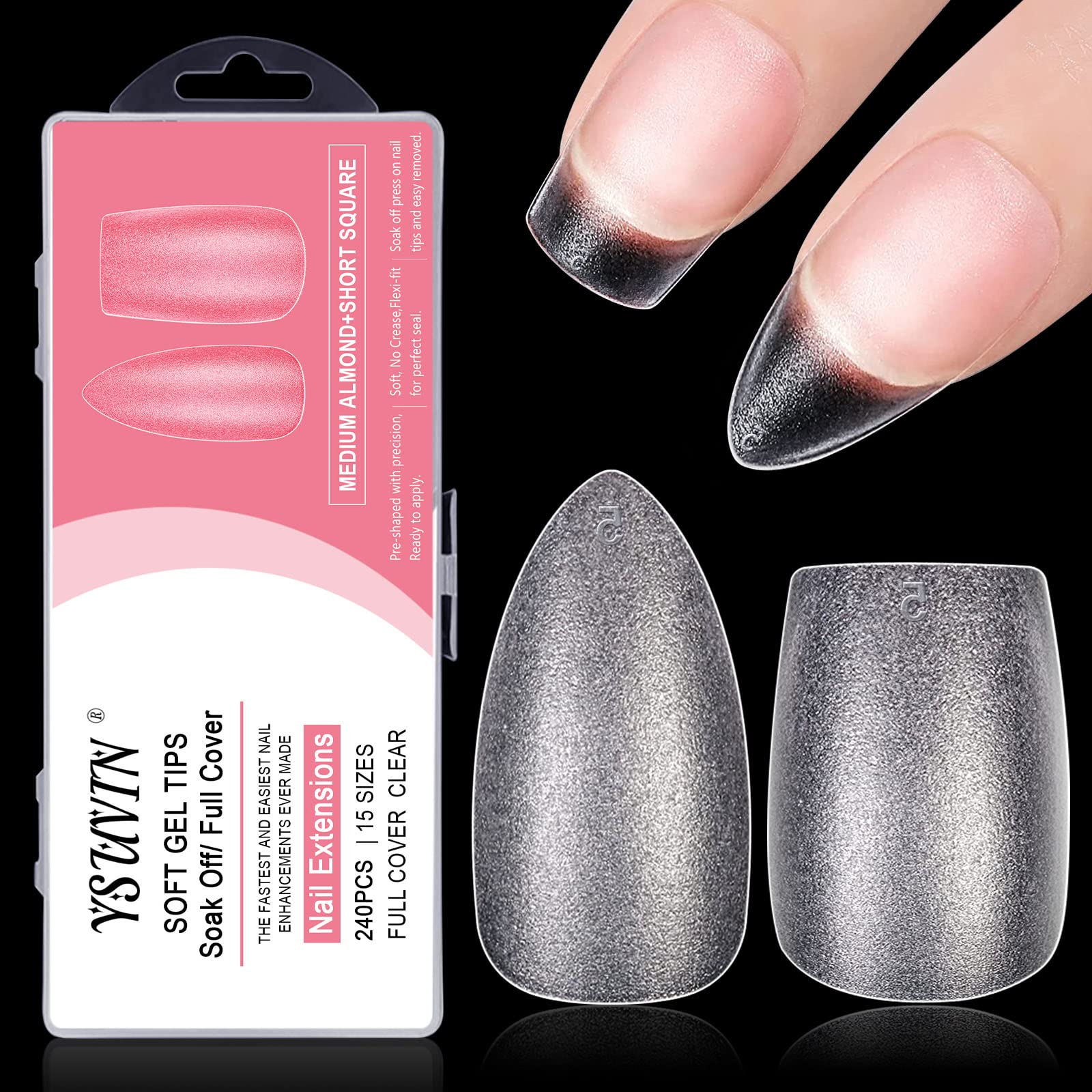 Yueshop 240 Soft Gel Full Cover Nail Tips -15 Sizes Gelly Gel Clear Medium Almond + Short Square Clear Full Cover Break Resistant Nail Tips Kit for DIY Manicure Nail Art Salon — image 1