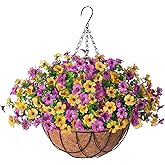 INXUGAO Artificial Silk Spring Flowers Hanging Basket for Outdoor Indoor, Daisy with Eucalyptus Leaves Arrangement for Yard Decor, Faux Green Plant in Metal Coconut Lining Pot(Purple Yellow)