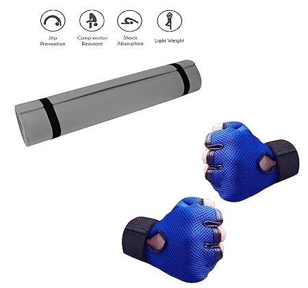 Easypro Combo of Fitness Non Slip Yoga Mat 6mm (Grey) with Gym Gloves