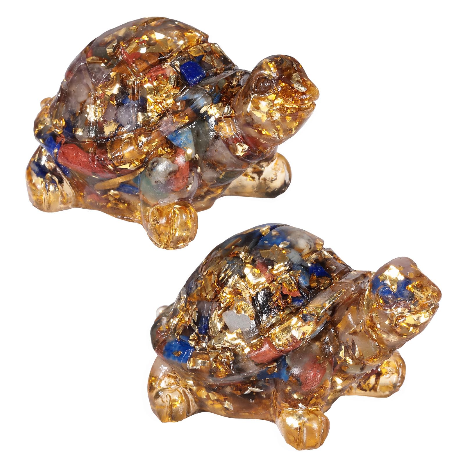 Nupuyai 2pcs 7 Chakra Crystal Stone Animal Turtle Statue Set, Healing Stone Figurine Resin Feng Shui Sculpture Ornament for Good Luck Wealth Home Office Decor