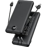 VRURC Portable Charger, Power Bank Built-in Cables and AC Wall Plug | USB C Portable Bank 10000mAh,Travel Essentials Phone Charger Compact External Battery Pack for Smart Phones,Tablets-Black