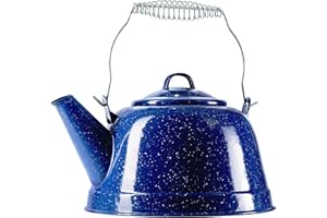 COLETTI Classic Camping Tea Kettle Stovetop — Travel Kettle, Camp Tea Pot for Stove — Chipping-Resistant German-Imported Enamel Coating [Blue Enamel, 9 Cups]