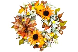 MIANZU Fall Wreaths for Front Door,Sunflower Autumn Wreath with Lights,Pumpkins and Bows,for Thanksgiving Halloween Farmhouse Indoor Outdoor Outside (Yellow Sunflower)