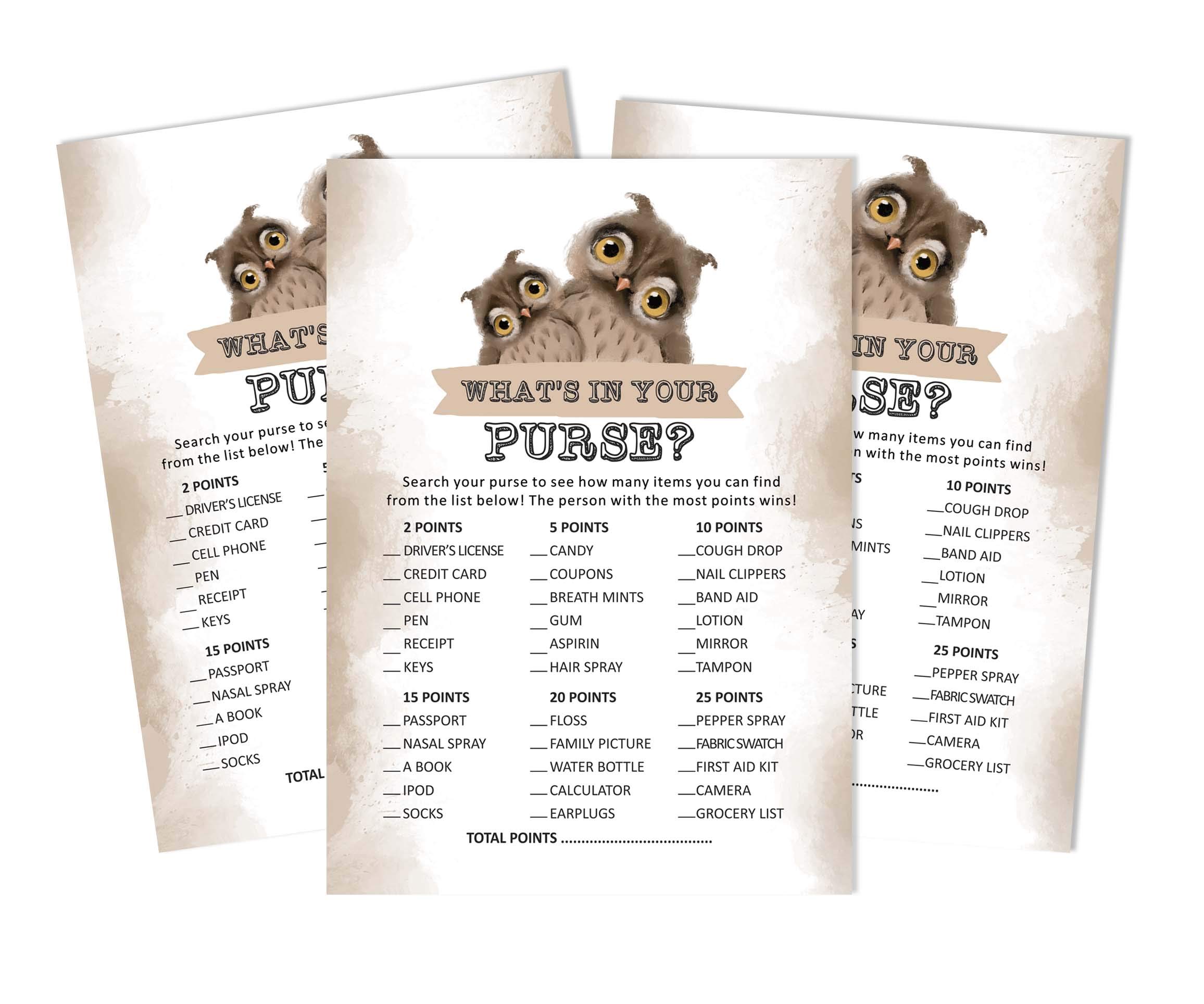 Inkdotpot 50 Sheets What's In Your Purse Baby Shower Game Cards Owl Bird Activity Cards Party Idea Baby Shower Party Supply