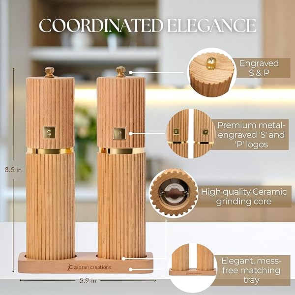WOODEN SALT AND PEPPER GRINDER SET – REFILLABLE BEECHWOOD SALT & PEPPER MILLS WITH GOLD ACCENTS, ADJUSTABLE CERAMIC MILL, MATCHING WOOD STAND – PREMIUM KITCHEN GIFT SET