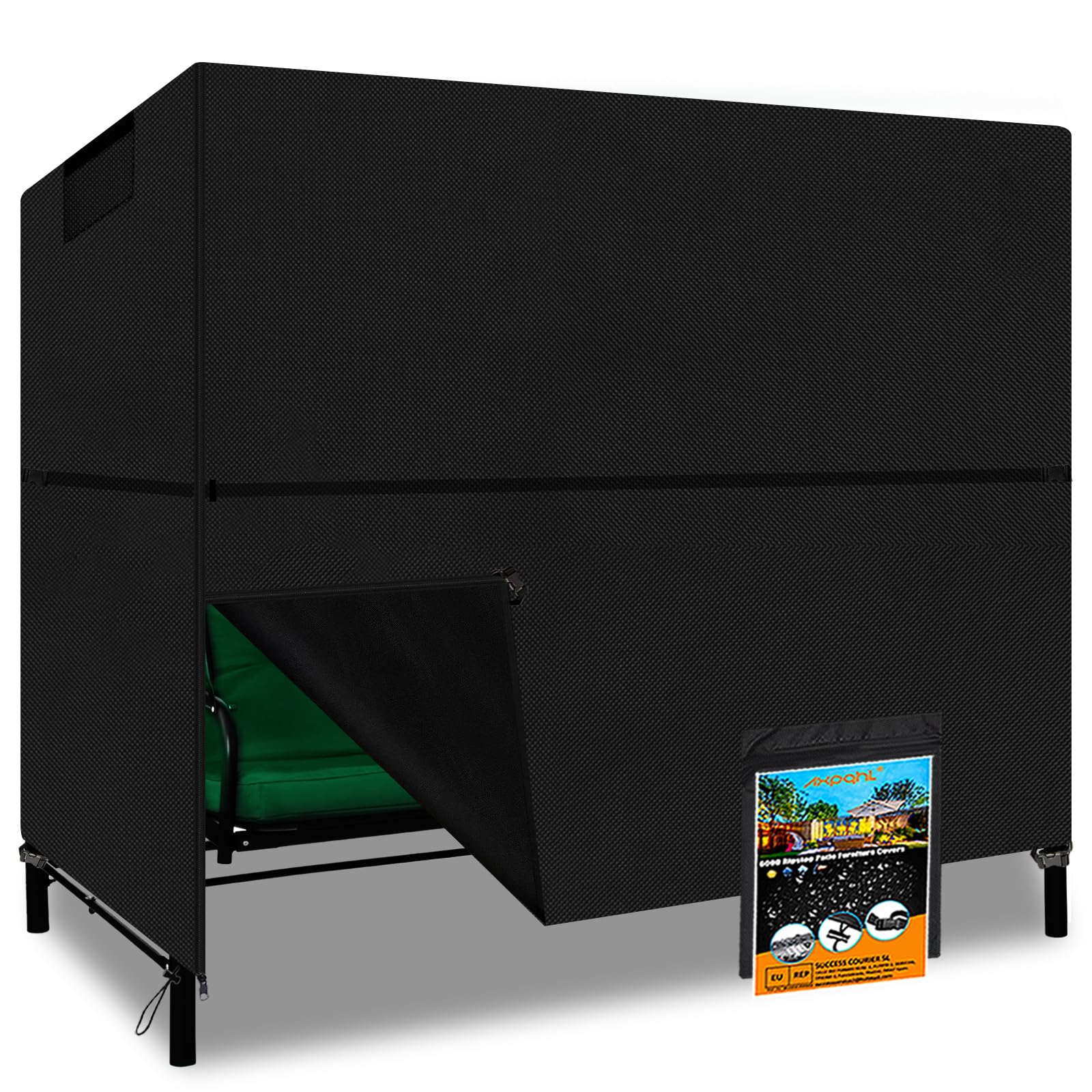 AXPQHL Garden Swing Cover, 3-4 Seater Outdoor Garden Swing Cover, 600D Waterproof UV Hammock, Outdoor Garden Swing Cover with Zippers and Buckles, Black (221 x 153 x 183 cm)