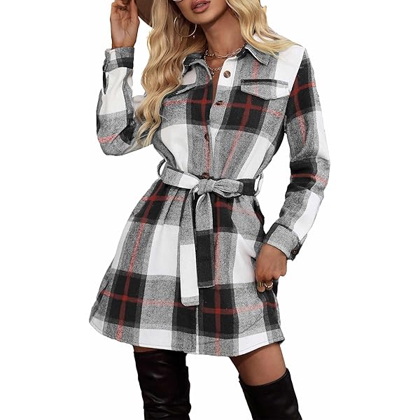 COROFY Women Fall Long Sleeve Plaid Checked Tunic Mini Dress