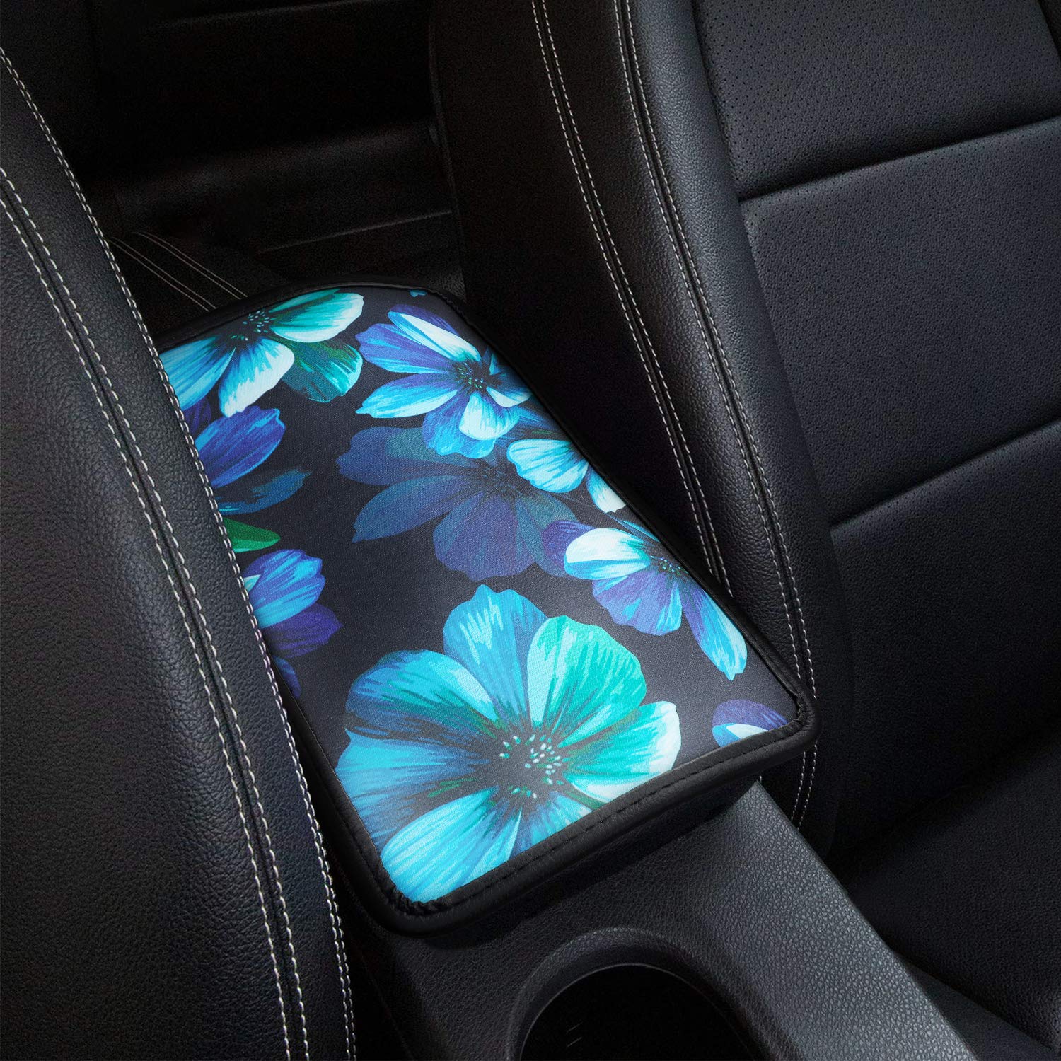 SUHU Car Armrest Cover Cushion, Universal Auto Center Console Pad, Fit Soft Comfort Armrest Seat Box Cover Protector Fit for SUV/Truck/Car, Stylish Pattern Printed Console Cover Pad, Aqua Flower