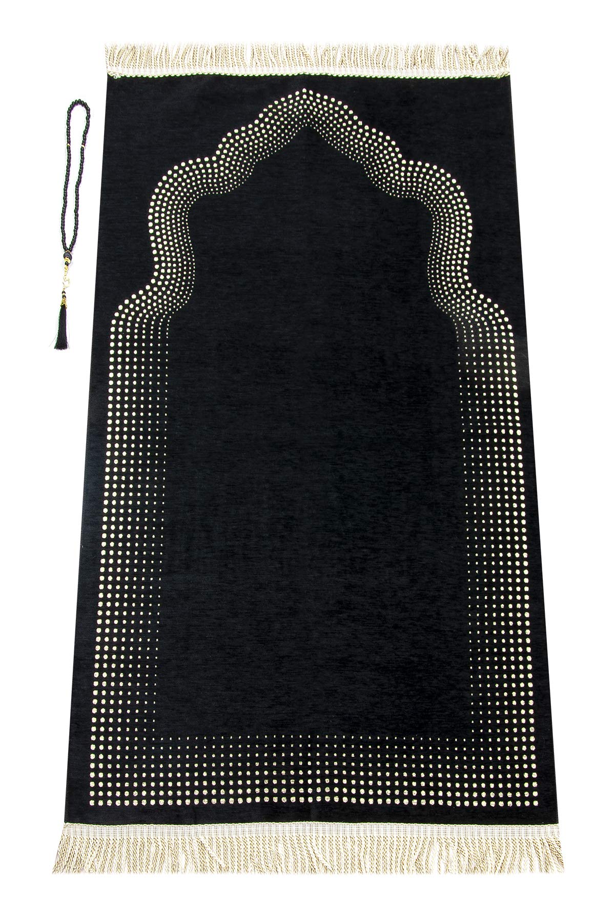 ihvan online Muslim Prayer Rug with Prayer Beads | Janamaz | Sajadah | Soft Islamic Prayer Rug with Mihrab Design | Islamic Gifts | Prayer Carpet Mat, Chenille Fabric, Black