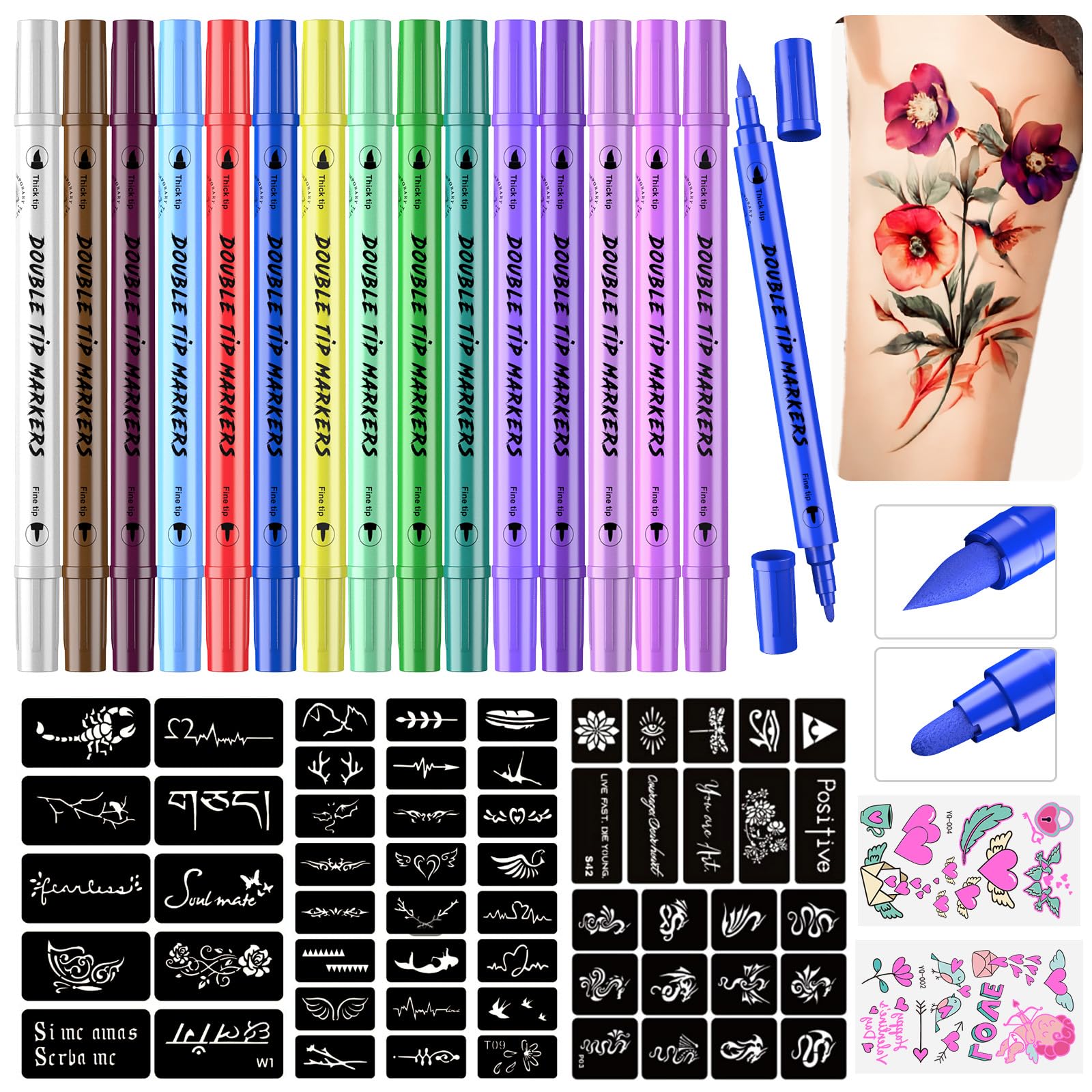 PFARRER Temporary Tattoo Markers for Skin, 15 Body Markers + 56 Large Tattoo Stencils & 2 sheets Glow Stickers for Kids and Adults, Dual-End Tattoo Pens with Bold and Fine Lines safty inkZYH2310001KIT
