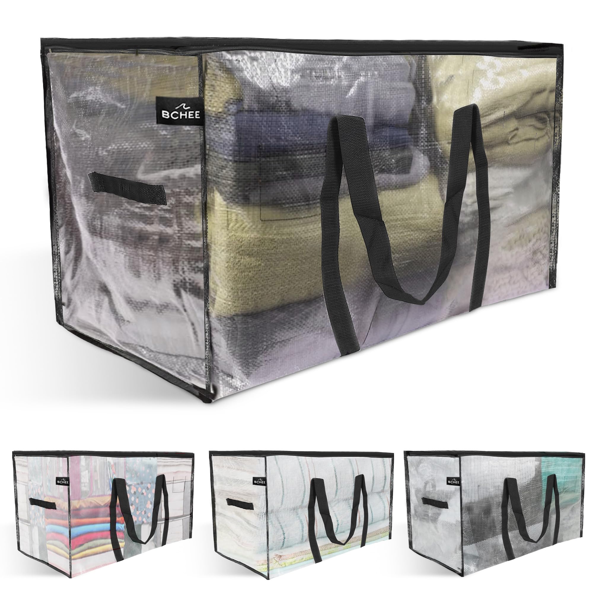 BCHEE 4 Pack, 75cm Long, Extra Large Storage Bag, Heavy Duty, Strong Wrap Around Handles, Dual Zips, Water Resistant, Duvet & Clothes Packing Bag, Moving Bag, Jumbo Storage, UK Business (Clear 4 Pack)