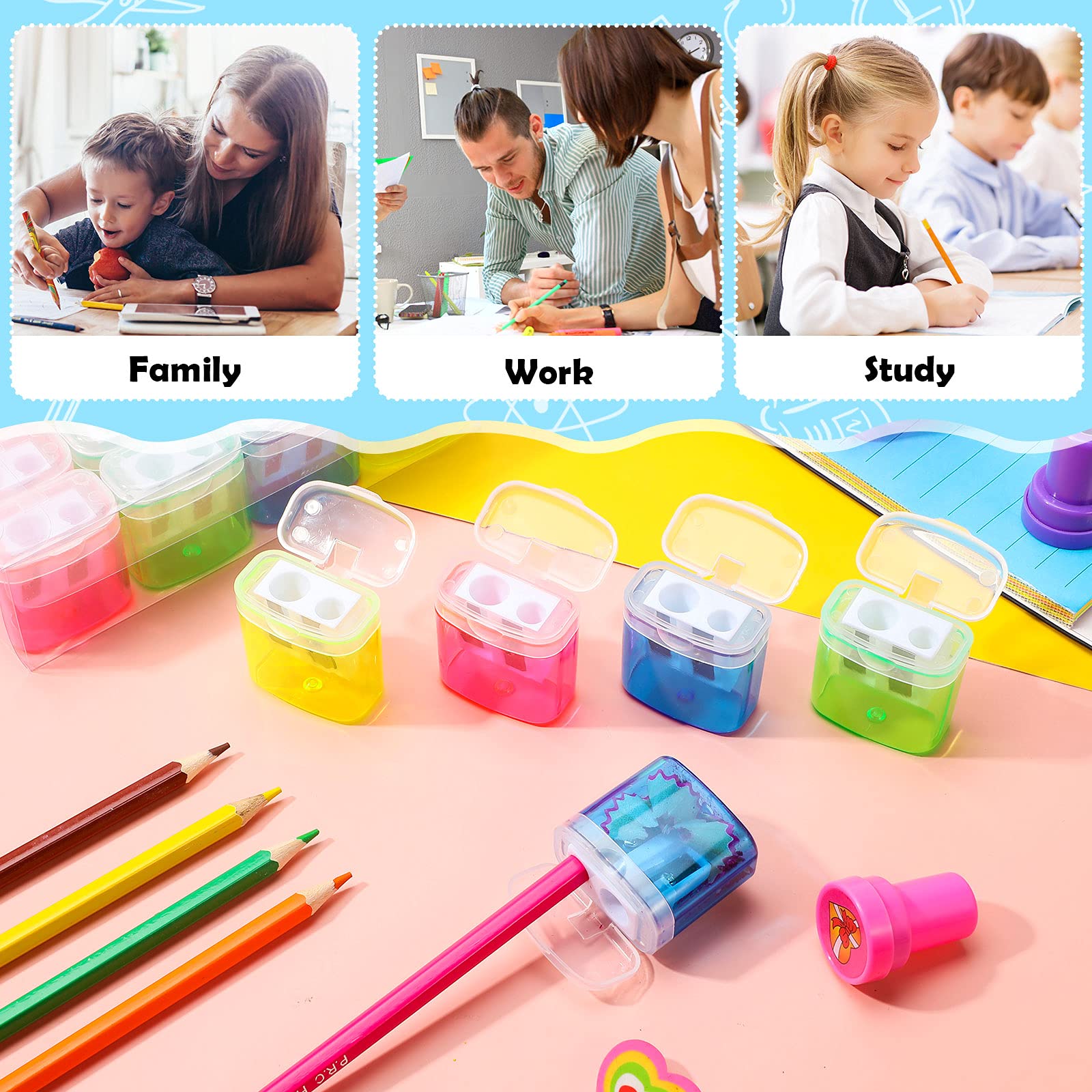 Tenare 48 Pieces Back to School Pencil Sharpeners Manual Double Hole Pencil Sharpener with Lid Hand for Home School Office, Handheld Plastic Crayon Grinder, Pink, Yellow, Green, Blue