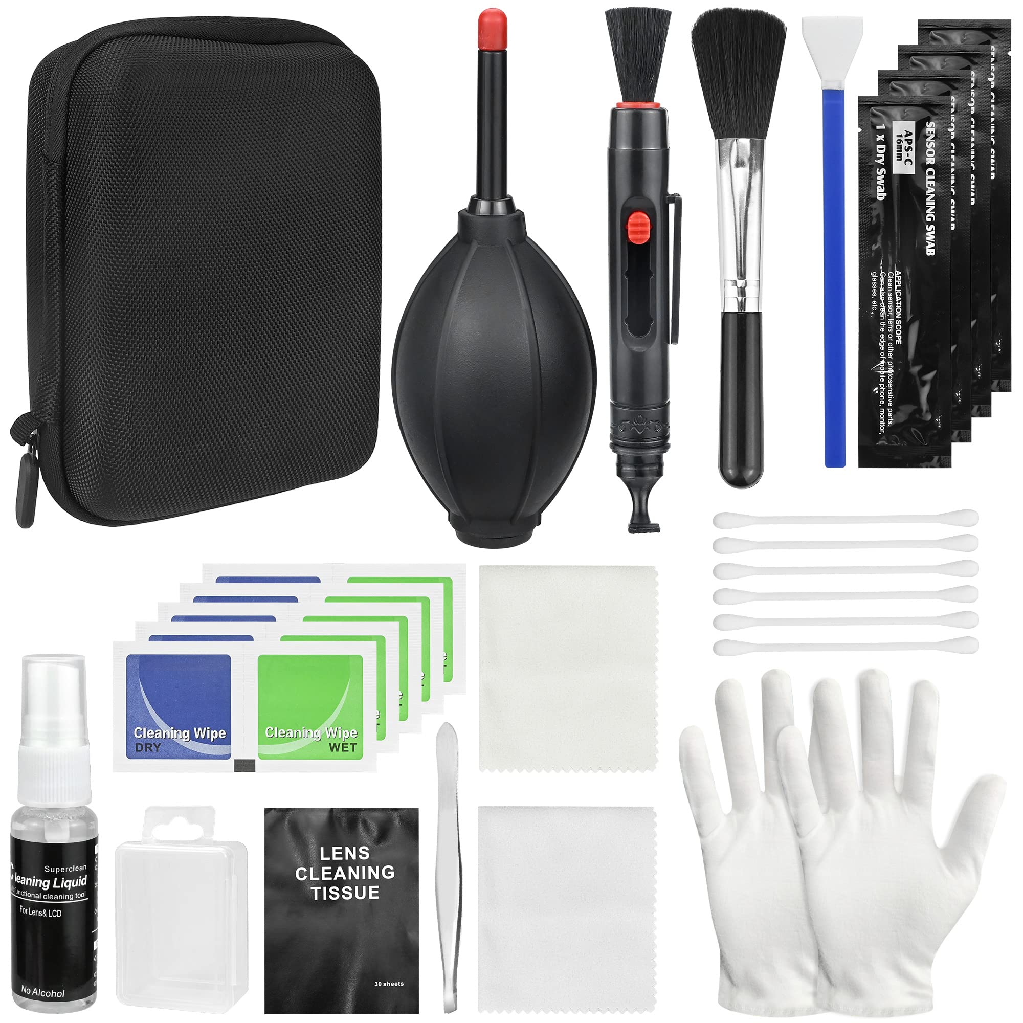 Professional Camera Cleaning Kit - DSLR Accessories with Storage Box, Screen Cleaner, Air Blower, Lens Cleaning Pen, Brush, Cloth, Swabs, Gloves