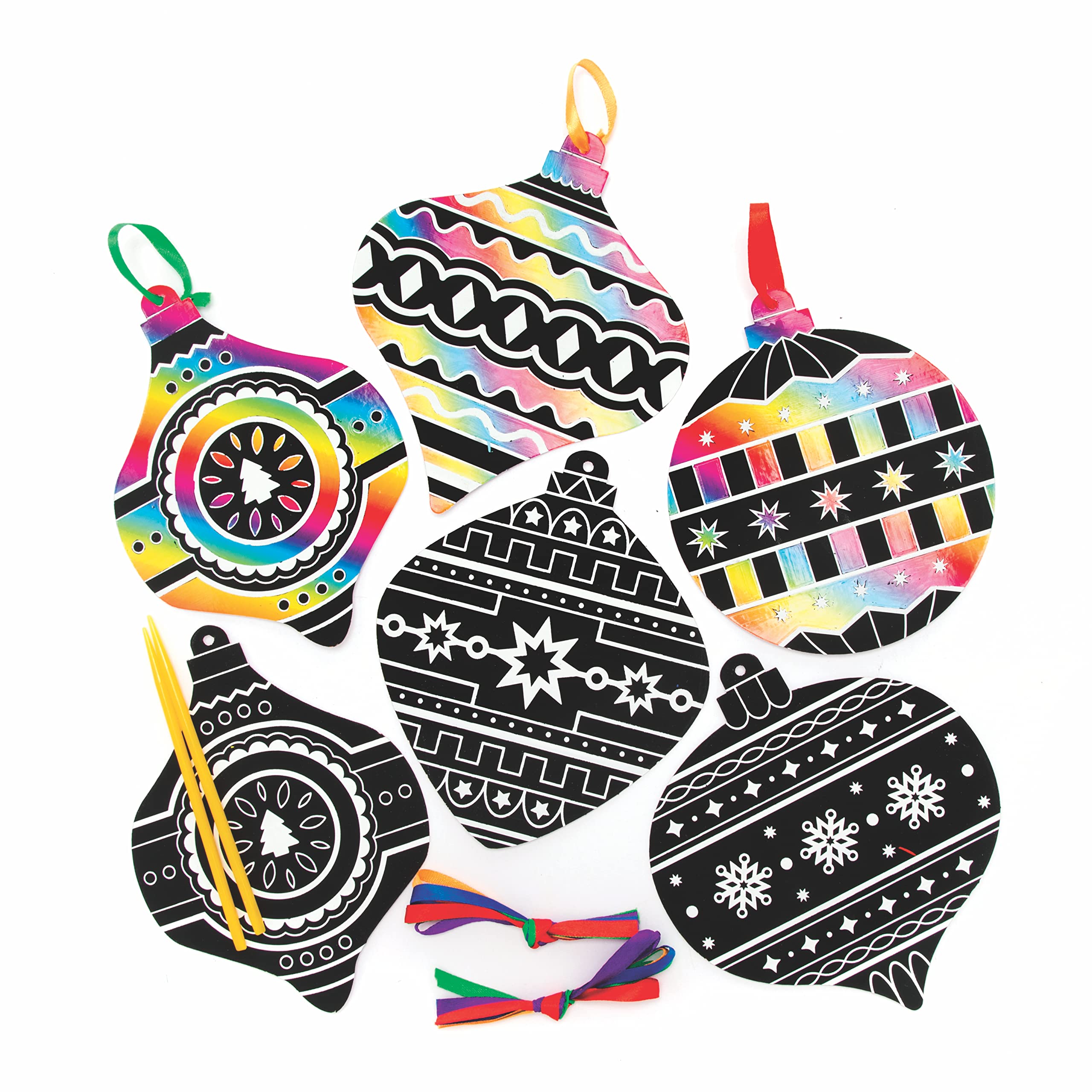 Baker Ross FC106 Bauble Scratch Art Christmas Decorations - Pack of 10, Festive Scratch Arts and Crafts for Kids, Craft and Create Family Christmas Gifts