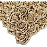 IPOPU Foam Gold Roses,50pcs Glitter Roses Gold Flowers Gold Roses with Stems for DIY Wedding Bridal Bouquet Home Party Decoration(Gold)