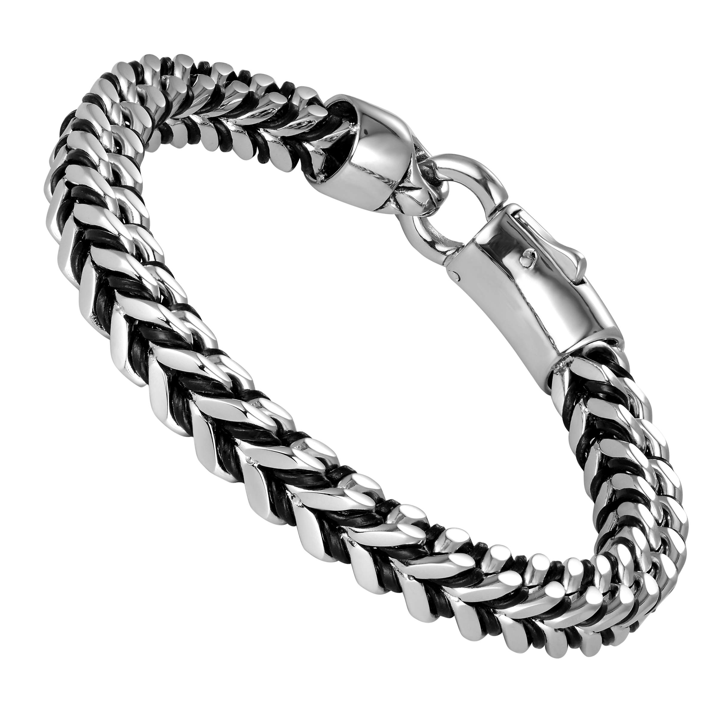 Men's Stainless Steel & Genuine Leather Bracelets – Various Designs in Silver, Black, and Polished Finishes – Rust & Discoloration Resistant – Jewelry Gift or Accessory for Men, 8.26, Leather, no