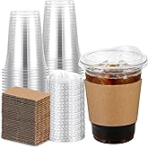 Ziliny 50 Pack Clear 16 oz Plastic Cups with Strawless Lids and Sleeves Disposable Iced Coffee Cup Set for Iced Coffee, Smoothie, Juices, Cold Beverage, Shops and Party Catering