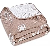 HardNok 6-Layer Muslin Baby Blanket Made with Organic Cotton - Nature Inspired Pattern,Swaddle & Crib Quilt, 43" x 43",Leaf Flower Coffee