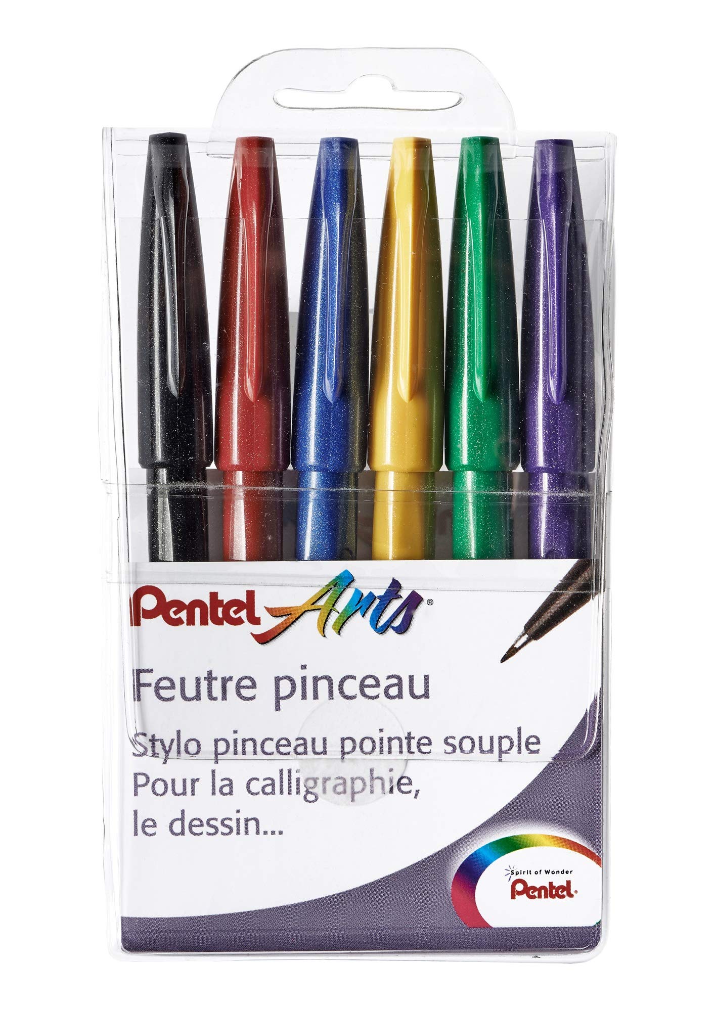 Pentel Pack of 6 Flexi Felt-tip Pens for Sketching/Calligraphy Assorted Colours Funny
