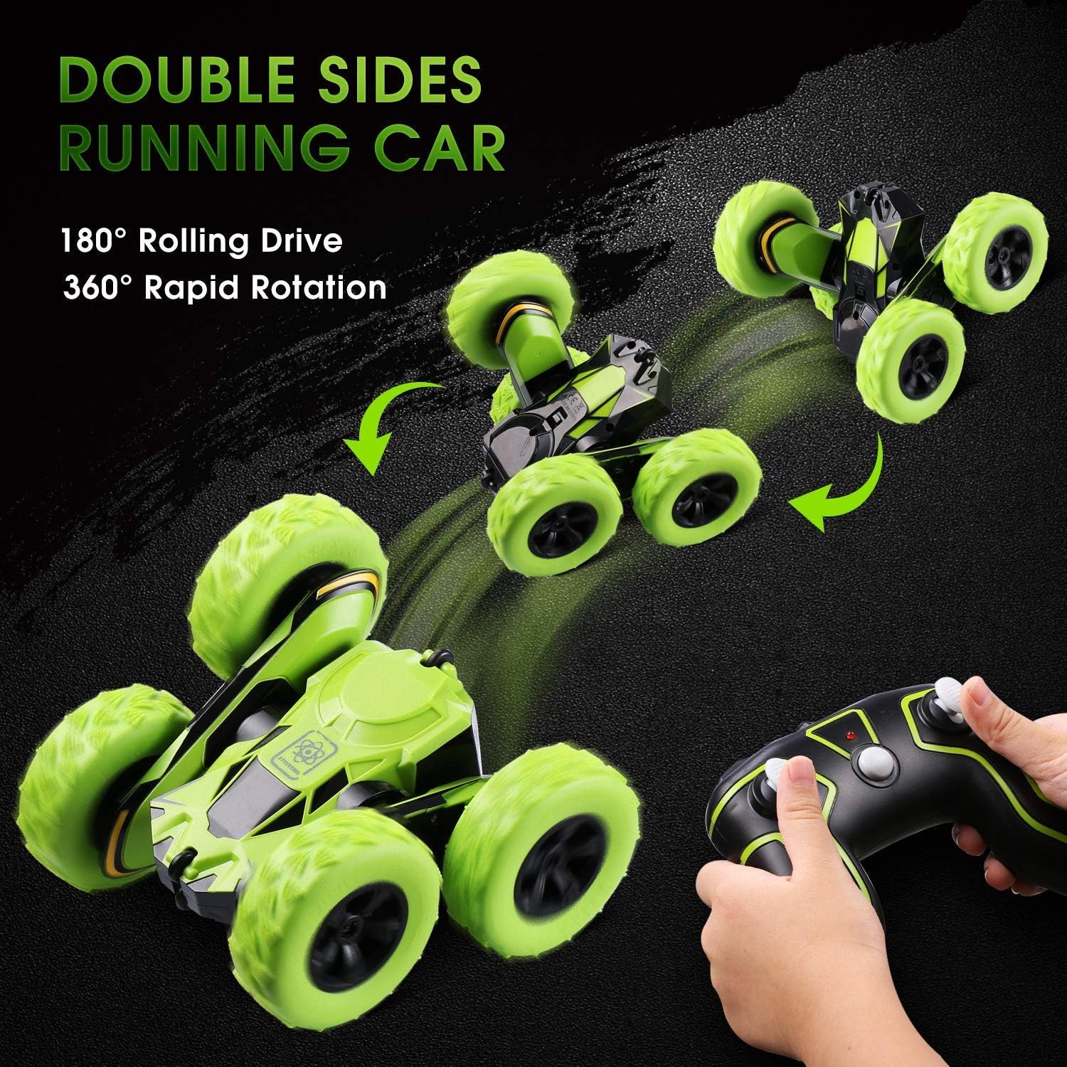Joyjam RC Stunt Car Toys for 6-12 Year Old Boys 4WD Off Road Truck 2.4Ghz Rechargeable Remote Control Car Double Sided 360 Degree Rotating Green Christmas Birthday Gifts for Kids: Toys & Games