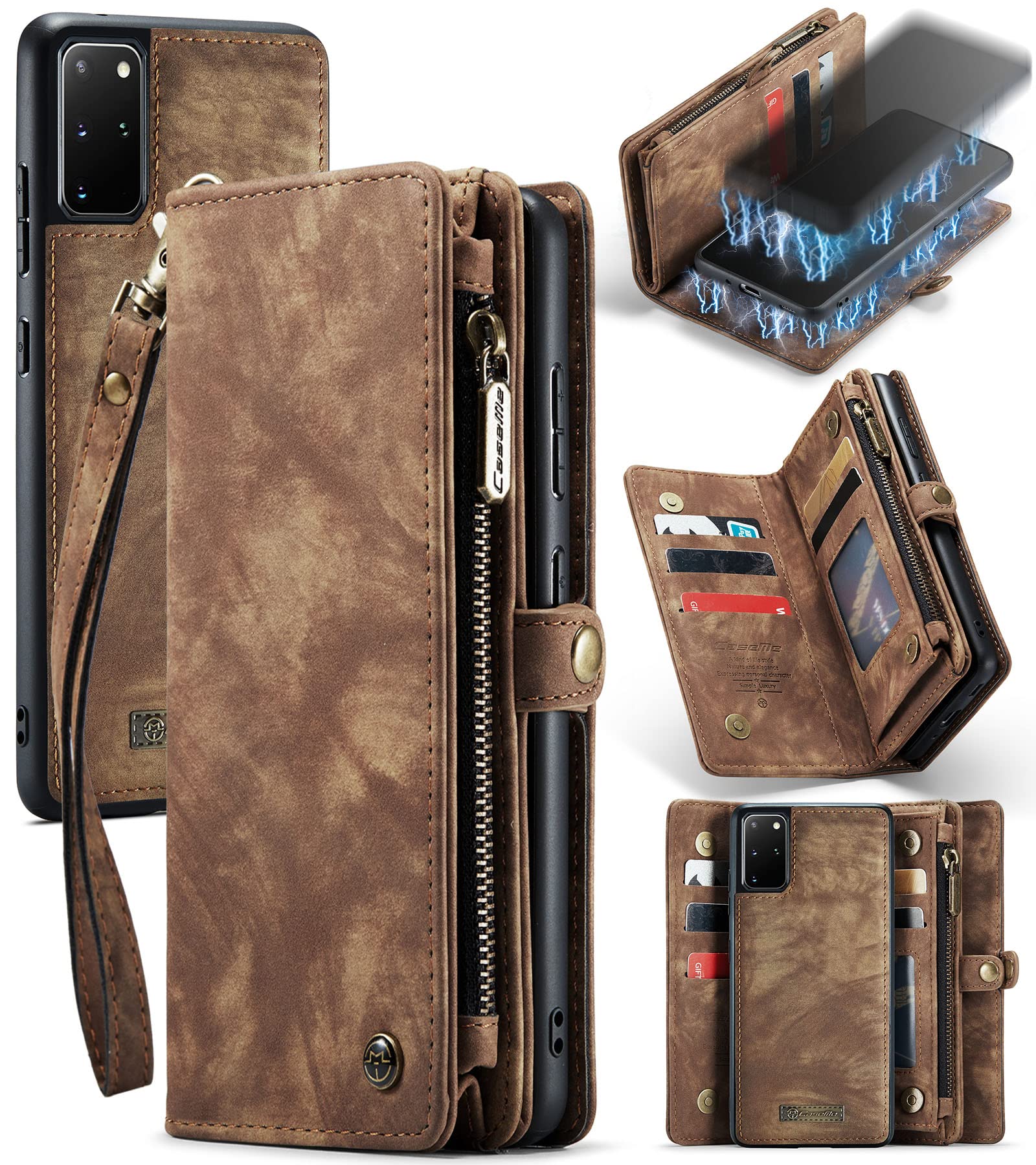 UFinetech Detachable Samsung Galaxy S20 Plus Case Wallet TPU Leather Flip Magnetic Slot Card Holder Zipper 2020 Stylish Luxury Designer 2-in-1 Purse Holster Cover for Samsung Galaxy S20+ 5G Brown