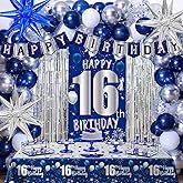 16th Birthday Decorations for Boys Girls, Blue Happy 16th Birthday Decoration Boy, Sweet 16 Party Decorations 16 Year Old BIRTHDAY Tablecloth Door Banner Foil Backdrop Star Balloons