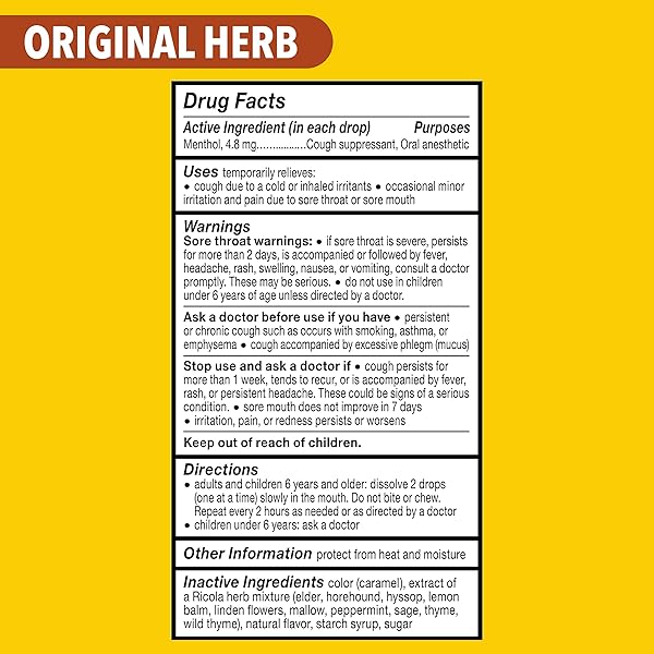 RICOLA ORIGINAL HERB COUGH DROPS, 45 COUNT, COUGH SUPPRESSANT & THROAT RELIEVING DROPS WITH NATURALLY SOURCED MENTHOL, PLEASING HERBAL TASTE FOR COUGHS & THROAT IRRITATION SYMPTOM RELIEF