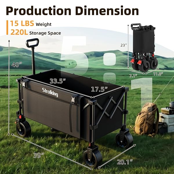 STROLKING 220L COLLAPSIBLE WAGON CART, 39″ L EXTENDED FRAME AND 440LBS HEAVY DUTY, LIGHTWEIGHT 15LBS FOLDING GARDEN CART WITH SILENT ALL-TERRAIN WHEELS FOR BEACH, CAMPING GRASS AND GROCERY, BLACK