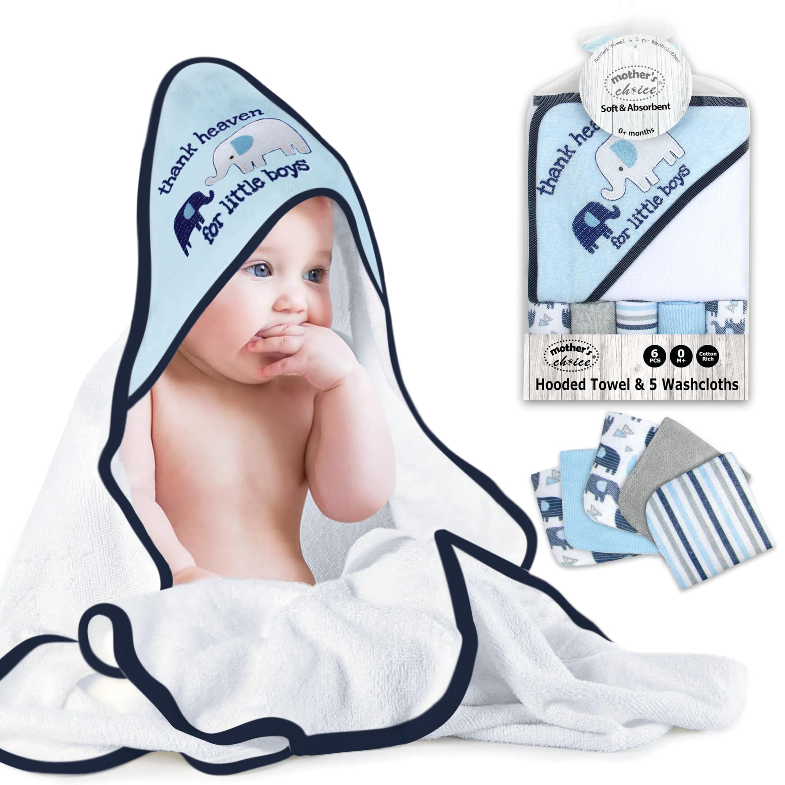 Mother's Choice Hooded Baby Poncho with 5 Face Cloths - 75x75cm Lightweight Cotton Rich Bath Towel for Newborns, Elephant