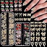 Tatiwoo 96 Pcs Gold Bows Nail Charms, Cherry Heart Bow Nail Rhinestones and Charms, Multi Shapes Golden Nails Bowknot Charm Gems for Nails Art Supplies