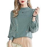 LAI MENG FIVE CATS Women's Turtleneck Knit Sweater Lantern Sleeves Patchwork Lace Pullover Tops
