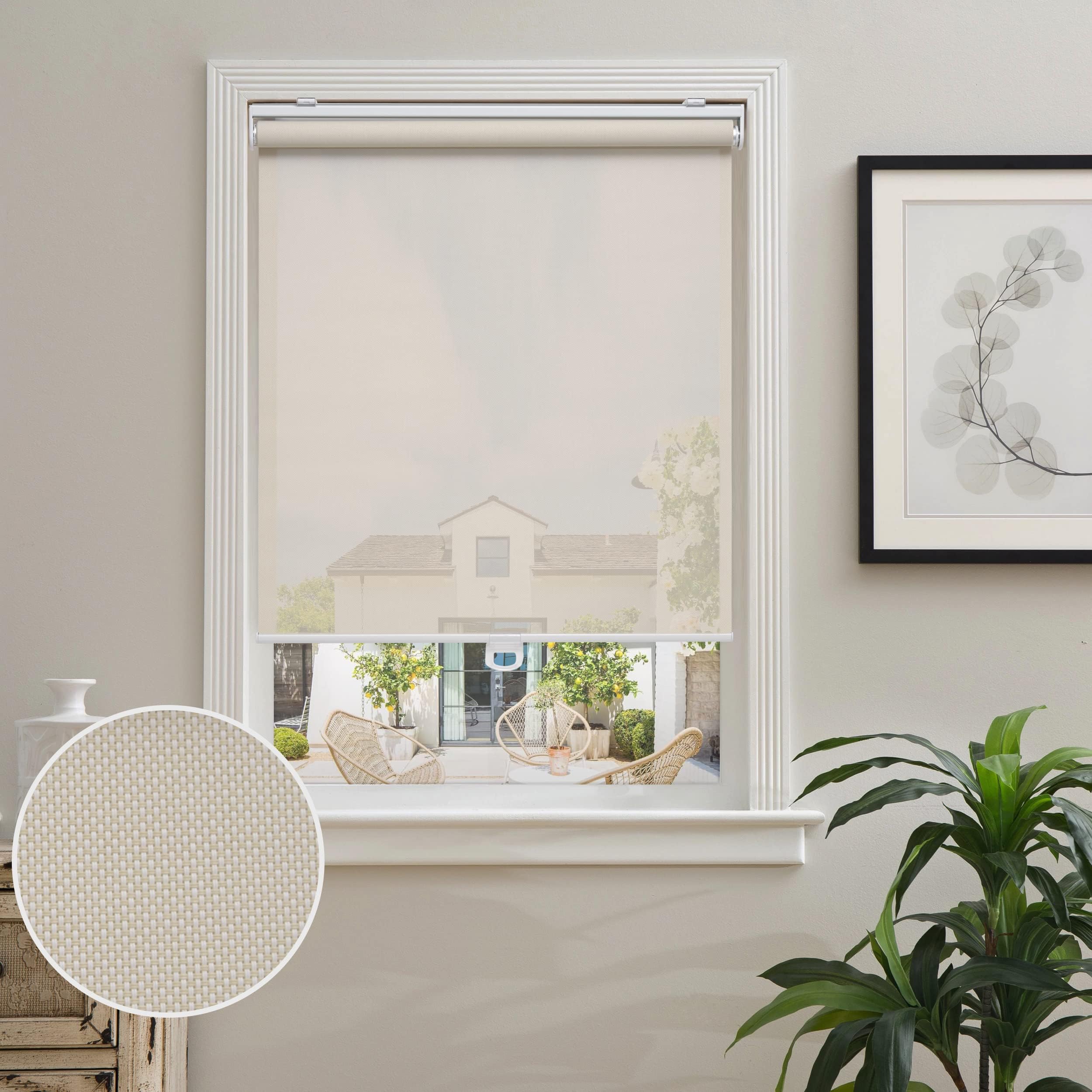 Photo 1 of AOSKY Cordless Roller Shades for Windows Light Filtering Shades with 5% Openness Solar Screen Semi Sheer Roller Blinds UV Protection for Office and Home. Easy to Install 43" W x 72" H (Beige)