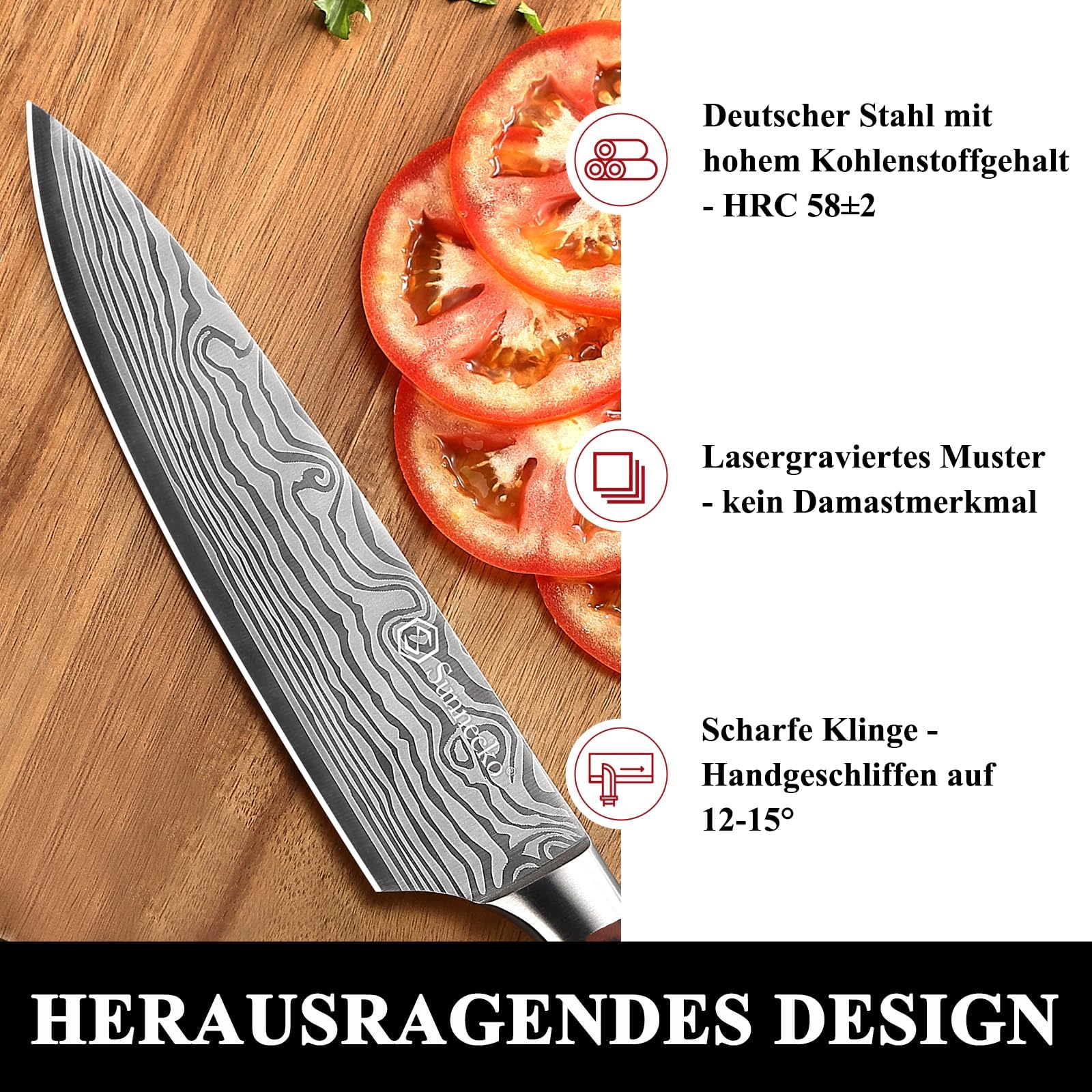 Sunnecko 20cm Messer Küchenmesser Kochmesser - Küchenmesser Profi Messer Scharfes Chefmesser Edelstahl Fleischmesser mit Pakkaholz Griff Allzweckmesser Scharf Klinge mit Geschenkbox 5