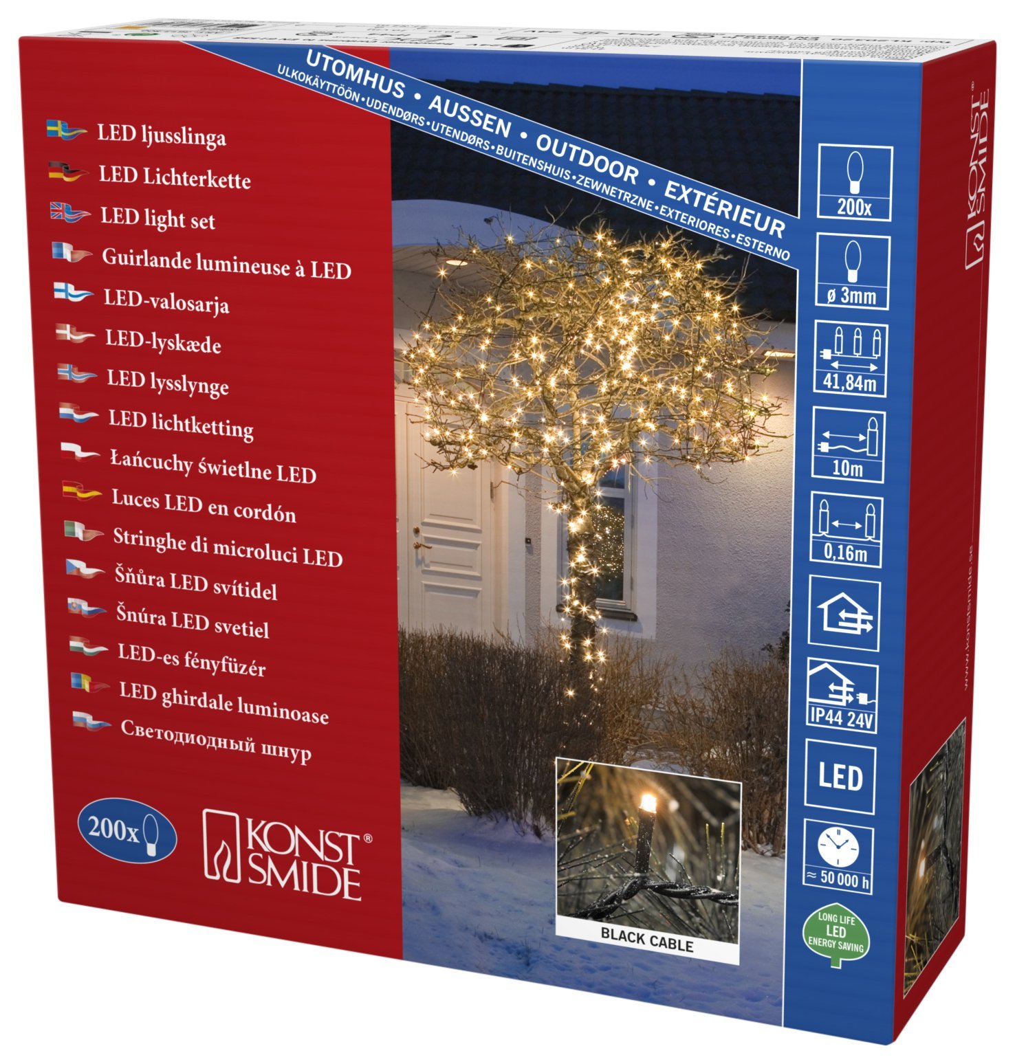 Konstsmide 3613-800 Christmas LED Fairy Lights - Indoor/Outdoor (IP44) Tree Decoration - 24V Transformer Plug In - 200 Amber White Diodes - Black Cable String (EU Plug)