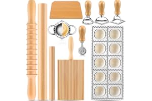 12 Piece Ravioli Mold Set with Press, Scraper, Cutter, Pierogi Maker, Rolling Pin, Gnocchi Board, Wooden Roller, and 4 Raviol