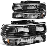 DNA MOTORING HL-OH-CS99-4P-BK-AB Black Amber Headlights Compatible with 99-02 Silverado 00-06 Suburban/Tahoe Bottom Bumper Lights Fit OE Grill