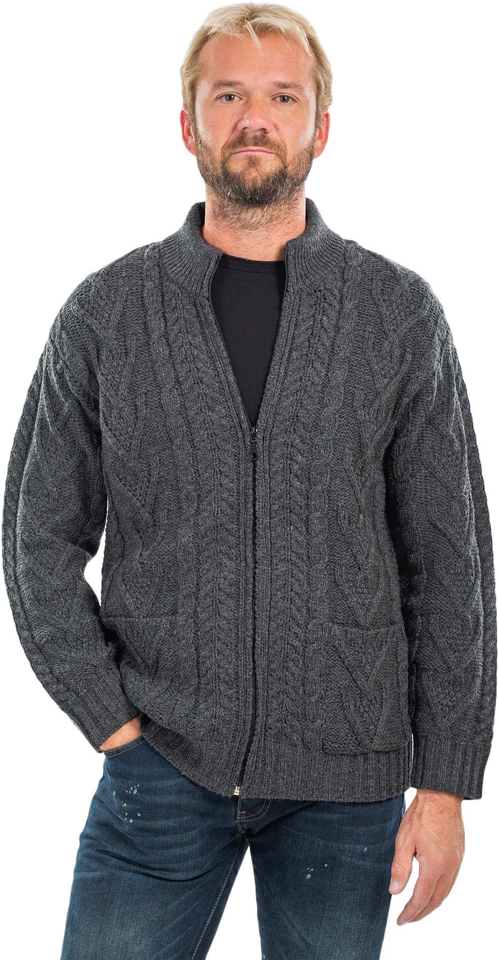 100% Merino Wool Men's Zipper Cable Knit Winter Warm Cardigan Sweater with Pockets in Charcoal/Army Green