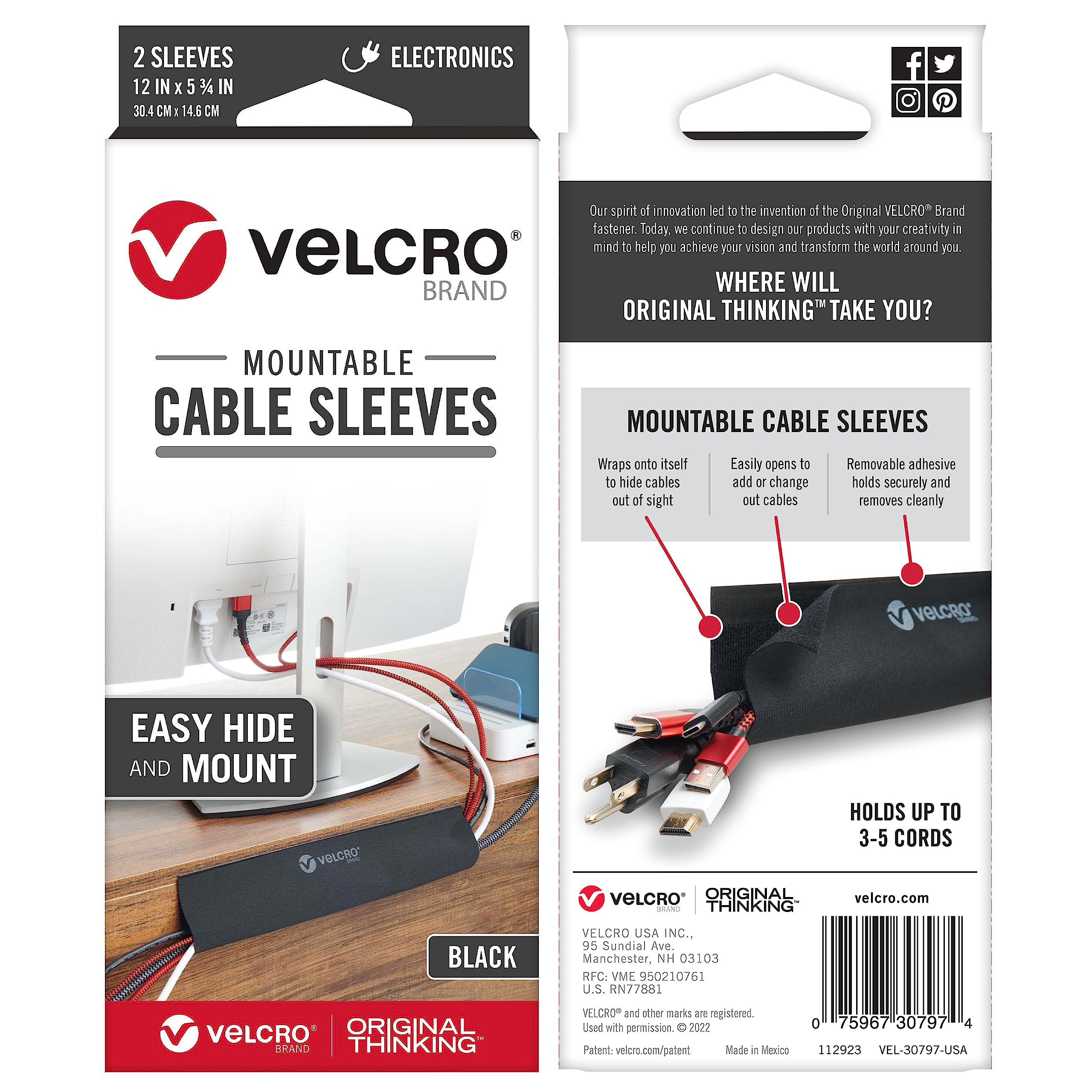 VELCRO Brand | Mountable Cable Sleeves Roll | Cable Tidy | Perfect Desk Organiser for Cable Management | 30cm x 14.6cm | Black